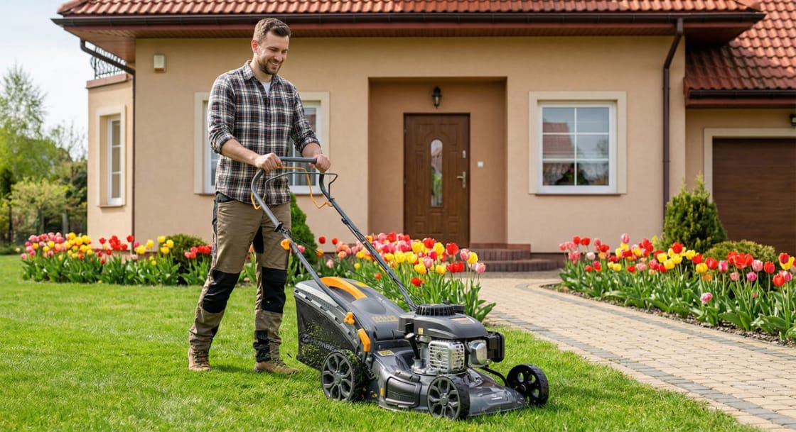Obraz przedstawię mężczyznę podczas koszenia trawy w ogrodzie. Używa do tego kosiarki spalinowej. W tle widać dom jednorodzinny.