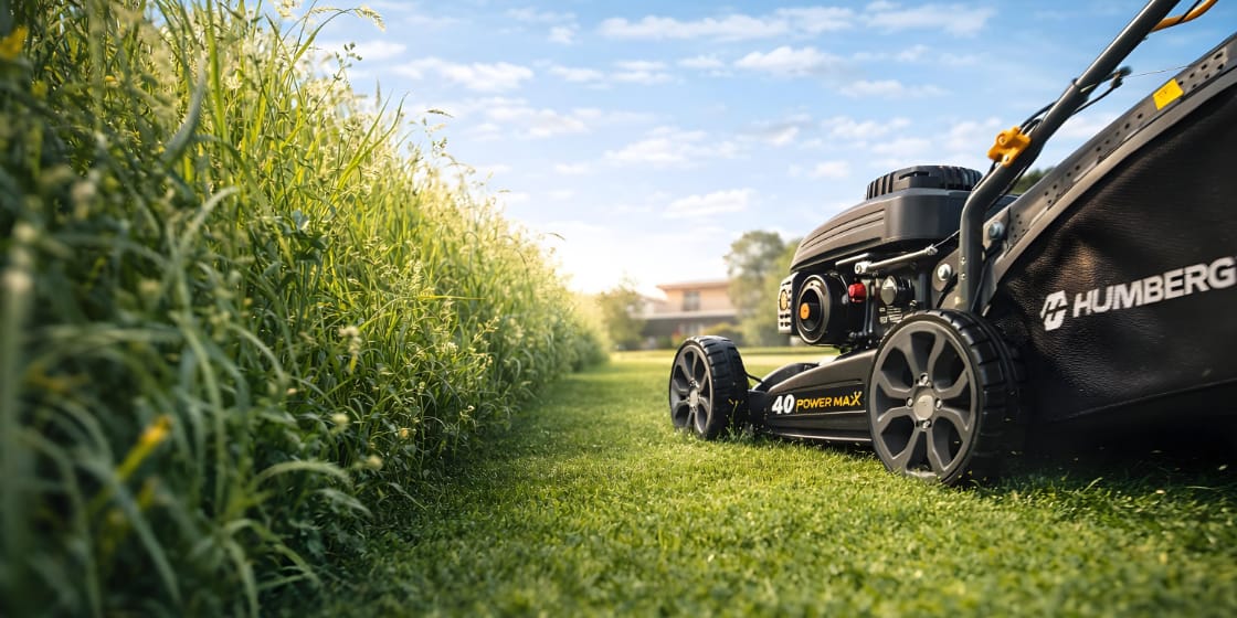 Ujęcie przedstawia kosiarkę stojąco na skoszonym trawniku, a tuż obok widać nieskoszoną, wysoką trawę.