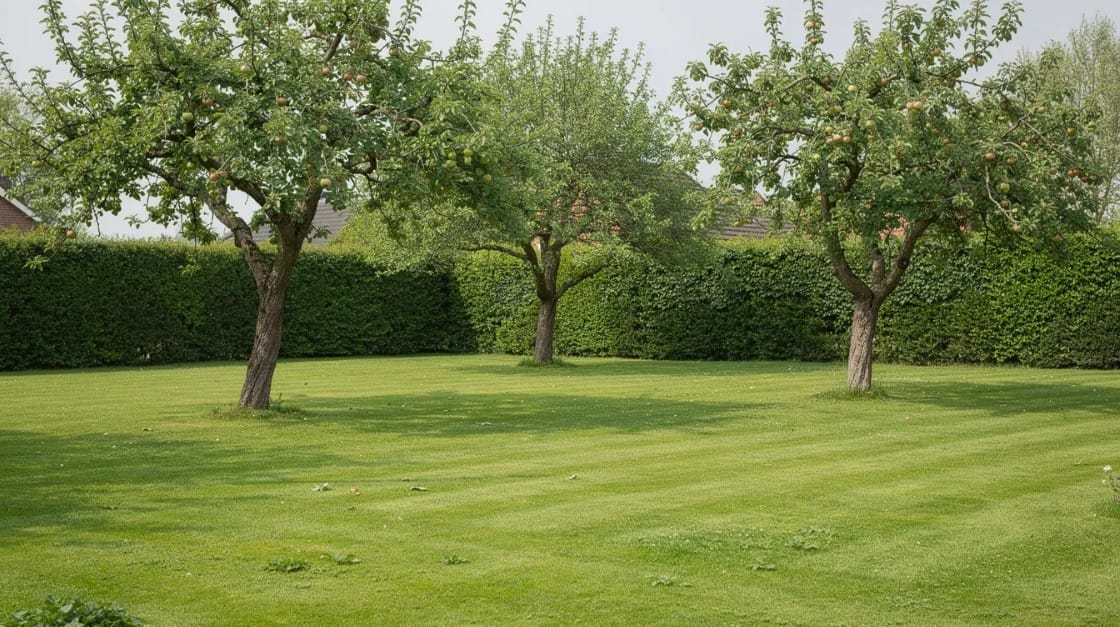 Na zdjęciu znajduje się duży przydomowy trawnik otoczony drzewami owocowymi i żywopłotem w tle. Trawa jest gęsta i zadbana, co sprawia, że przestrzeń wygląda na idealną do koszenia, a także do relaksu w ogrodzie.